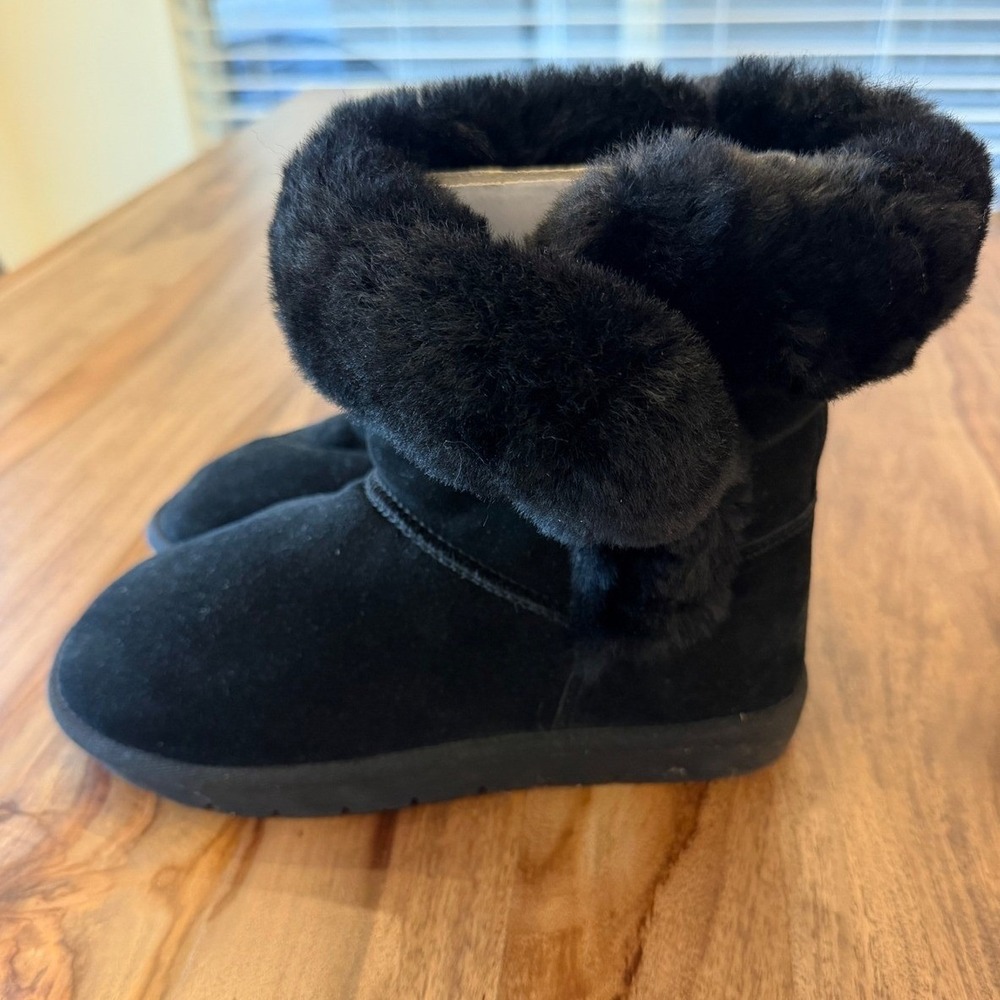 Serra Ladies Lambskin Boots Black Genuine Leather Faux Fur Trim Winter Size 8